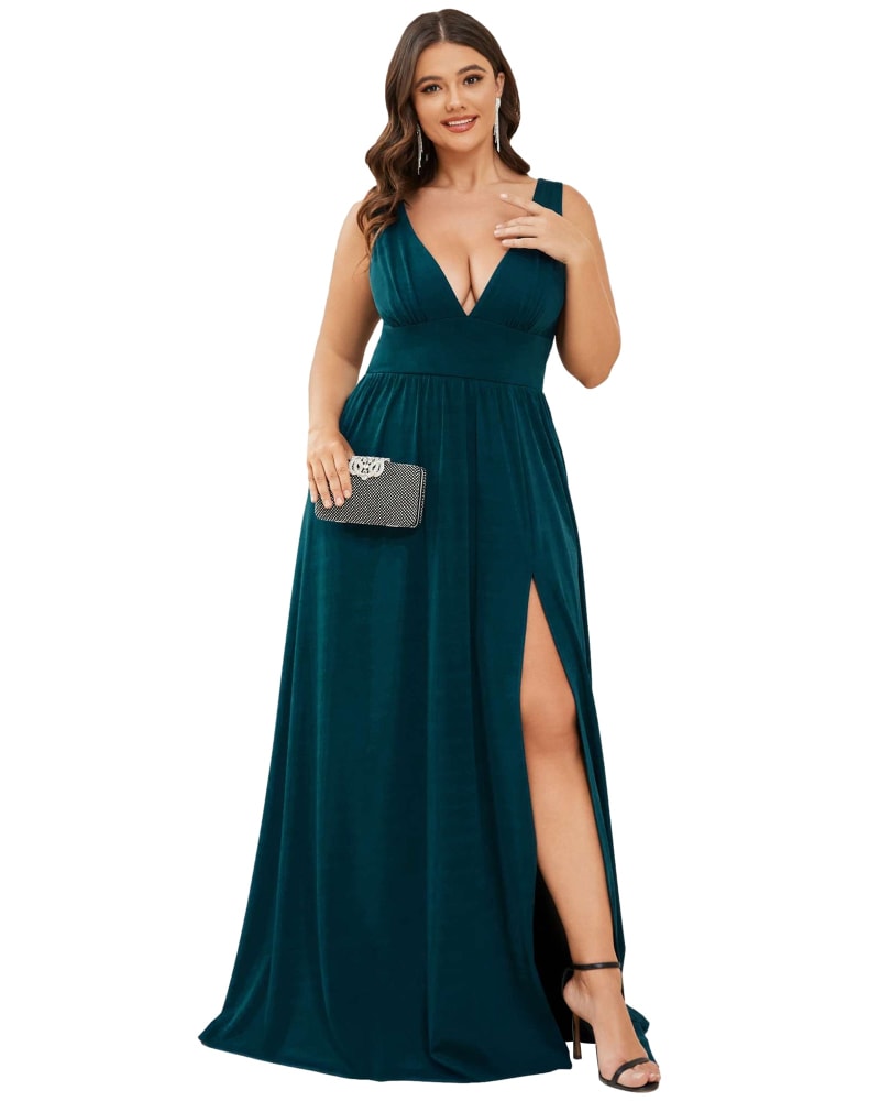 Front of a model wearing a size 14 Sleeveless V-Neck Empire Waist High Slit Floor-Length Evening Dress in Teal by Ever-Pretty. | dia_product_style_image_id:295614